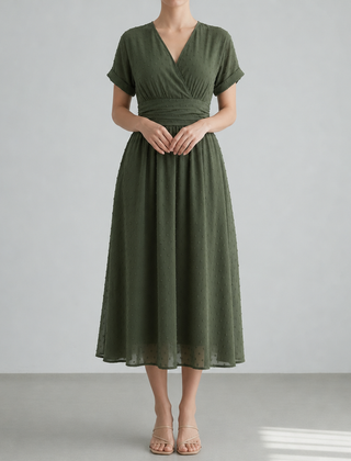 Peniscola Swiss Dot Wrap Midi Dress in Olive Green