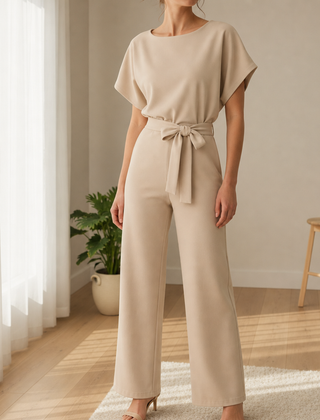Antibes Belted Batwing Jumpsuit in Beige