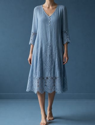 Hydra Lace Trim Midi Dress in Dusty Blue