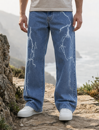 Beziers Lightning Print Denim Jeans in Blue