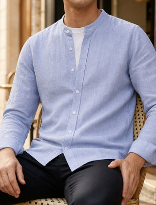 Sesimbra Linen Band Collar Shirt in Blue