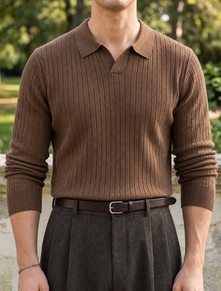 Caceres Ribbed Knit Polo in Brown
