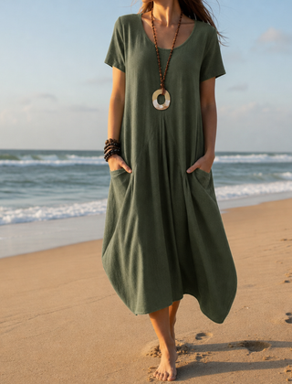 Trogir Pocket Relaxed Midi Dress in Olive Green