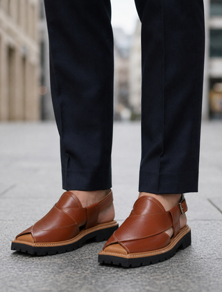 Ceret Rugged Leather Peshawari Sandals in Reddish Brown