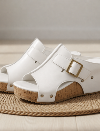 Merano Cork Wedge Platform Sandals in White