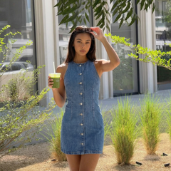 Women's Denim Dress | Mini Length Crew Neck Sleeveless Button-Front