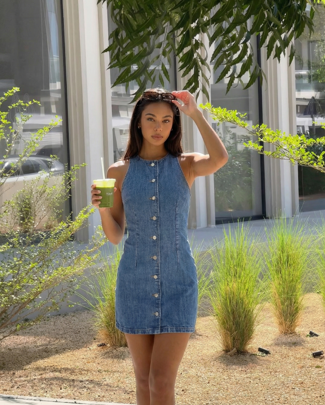 Women's Denim Dress | Mini Length Crew Neck Sleeveless Button-Front