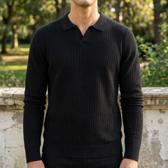 Caceres Ribbed Knit Polo in Black