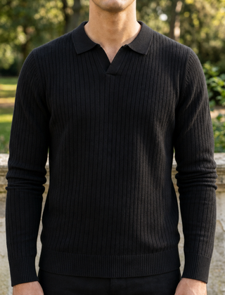 Caceres Ribbed Knit Polo in Black
