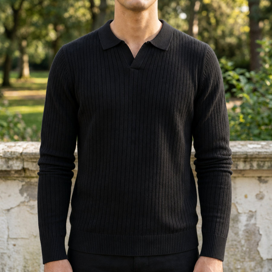 Caceres Ribbed Knit Polo in Black