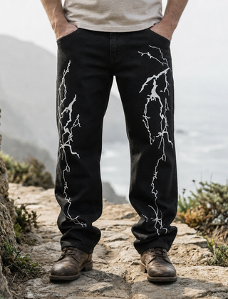Beziers Lightning Print Denim Jeans in Black