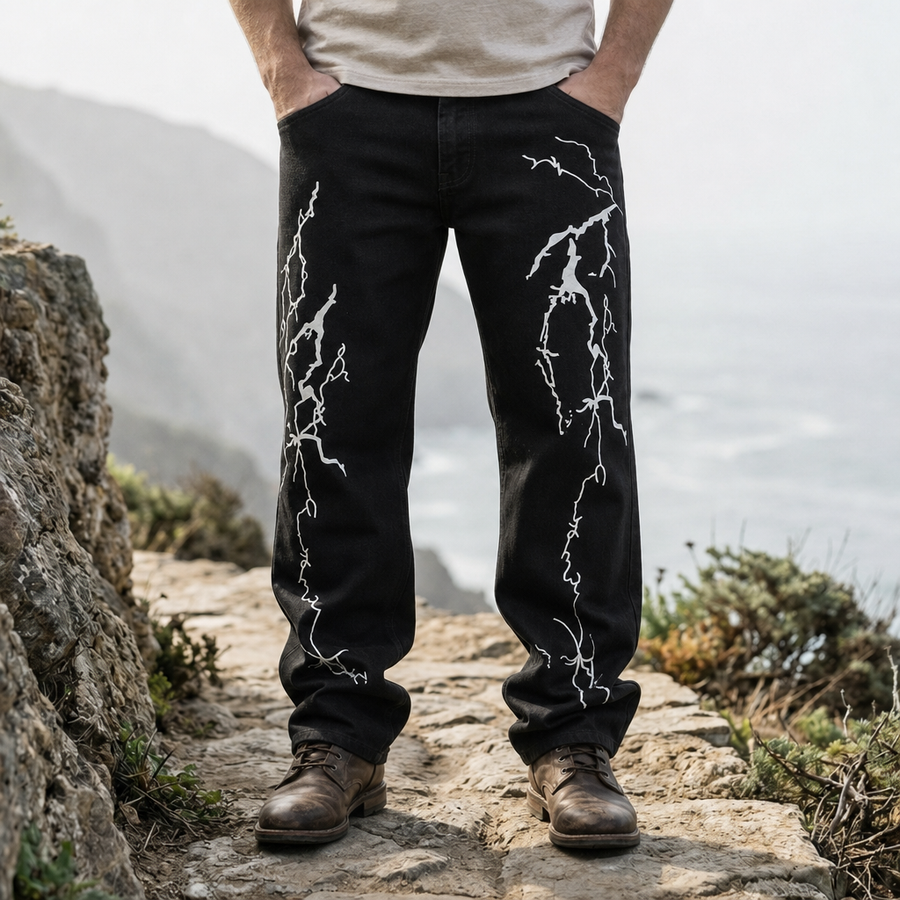 Beziers Lightning Print Denim Jeans in Black