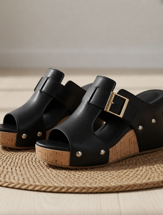 Merano Cork Wedge Platform Sandals in Black