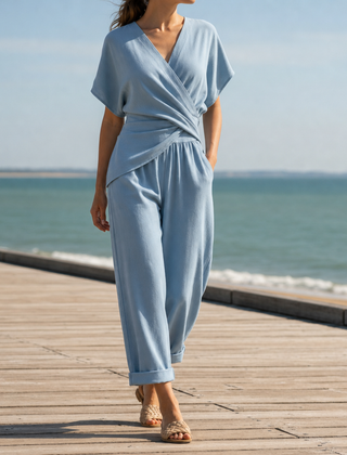 Vieste Wrap Front Jumpsuit in Dusty Blue