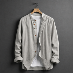 Lacoste Mandarin Collar Linen Shirt in Gray