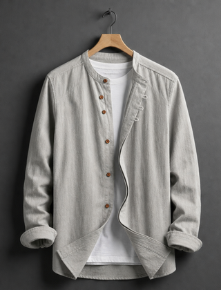 Lacoste Mandarin Collar Linen Shirt in Gray