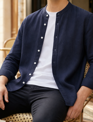 Sesimbra Linen Band Collar Shirt in Navy