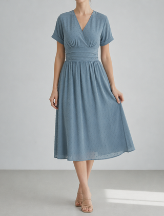 Peniscola Swiss Dot Wrap Midi Dress in Sea blue