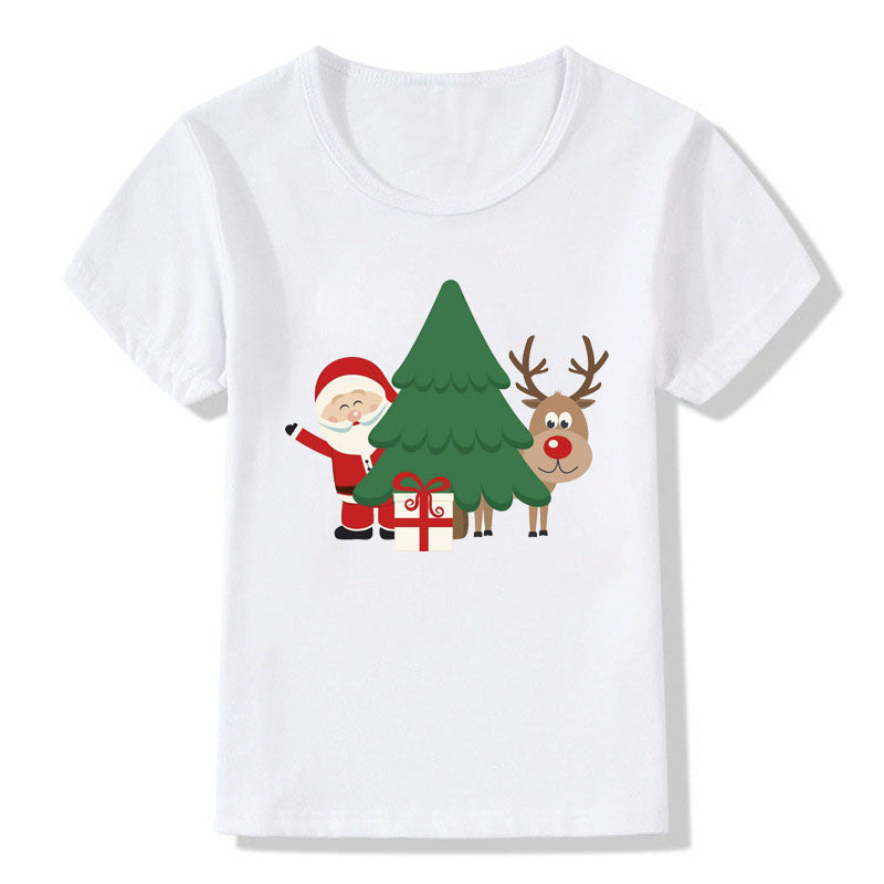 Women's White Shirt | Santa Print Short Sleeve Crew Neck