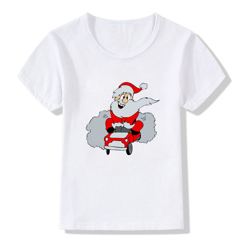 Women's White Shirt | Santa Print Short Sleeve Crew Neck