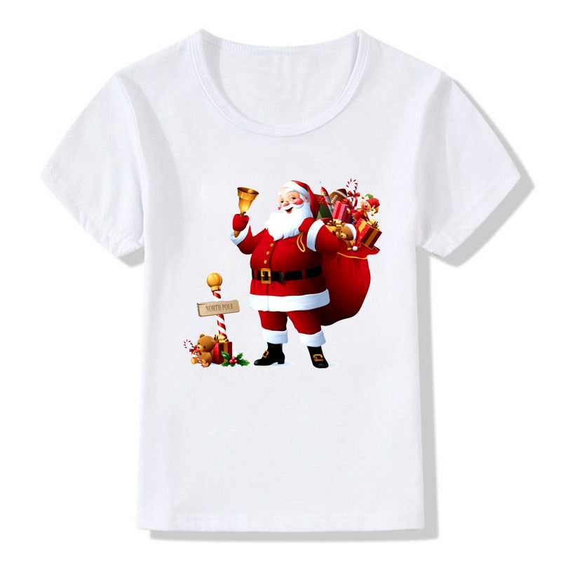 Women's White Shirt | Santa Print Short Sleeve Crew Neck