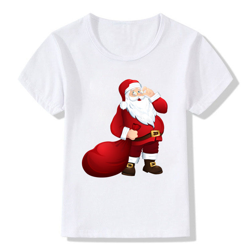 Women's White Shirt | Santa Print Short Sleeve Crew Neck