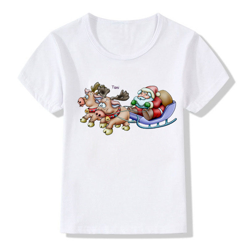 Women's White Shirt | Santa Print Short Sleeve Crew Neck
