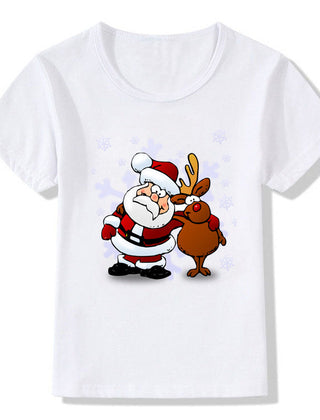 Women's White Shirt | Santa Print Short Sleeve Crew Neck