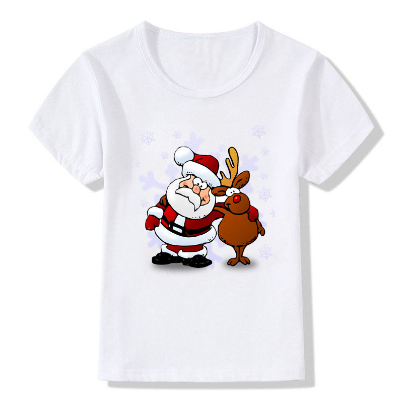 Women's White Shirt | Santa Print Short Sleeve Crew Neck