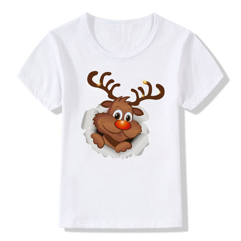 Women's White Shirt | Santa Print Short Sleeve Crew Neck
