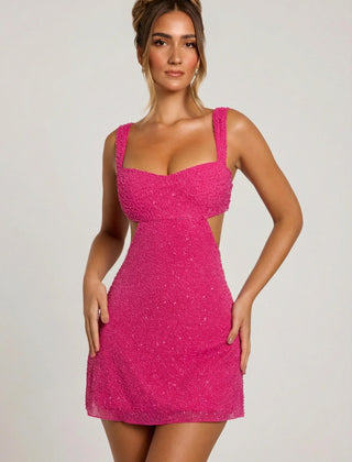 Women's Cocktail Dress | Mini Square Neck Sleeveless Embellished