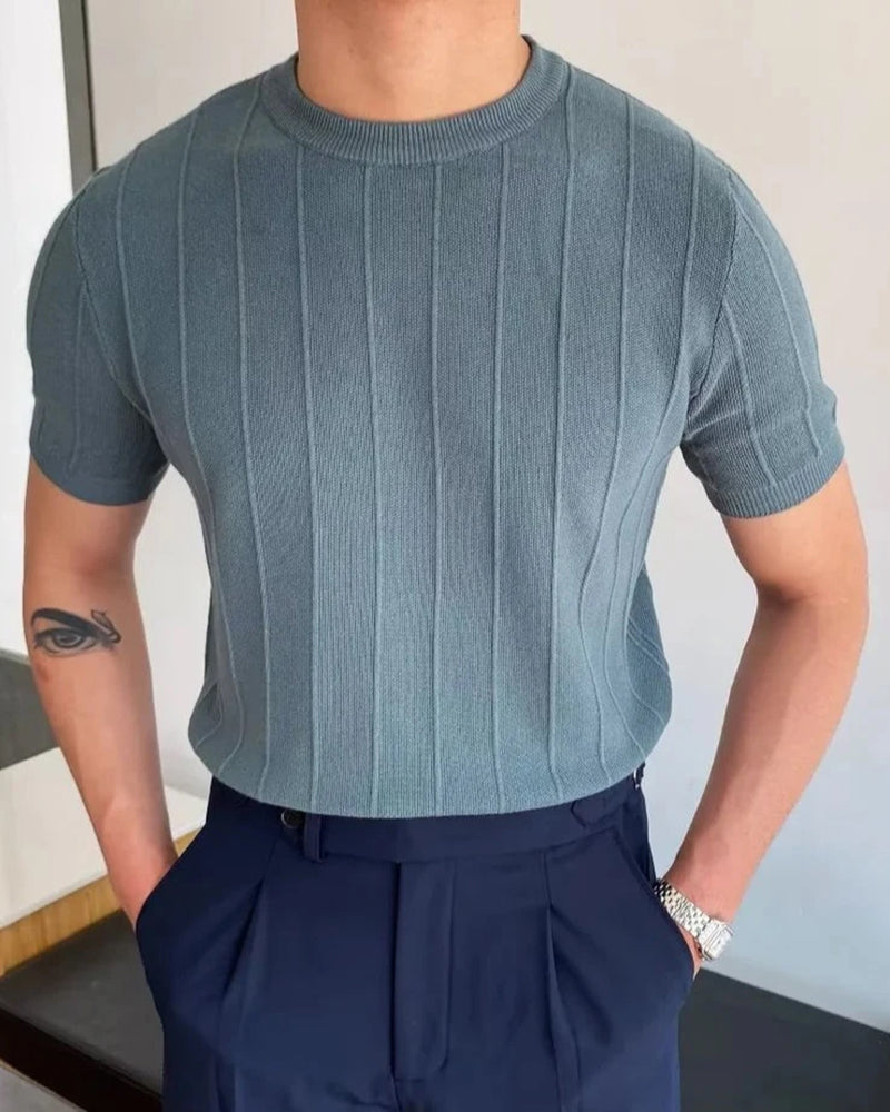 Men's Ribbed Knit Shirt | Crew Neck Short Sleeve Knit