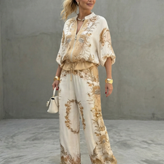 Women's Two Piece Set | Zip Front Blouson Short Sleeve Printed Polyester