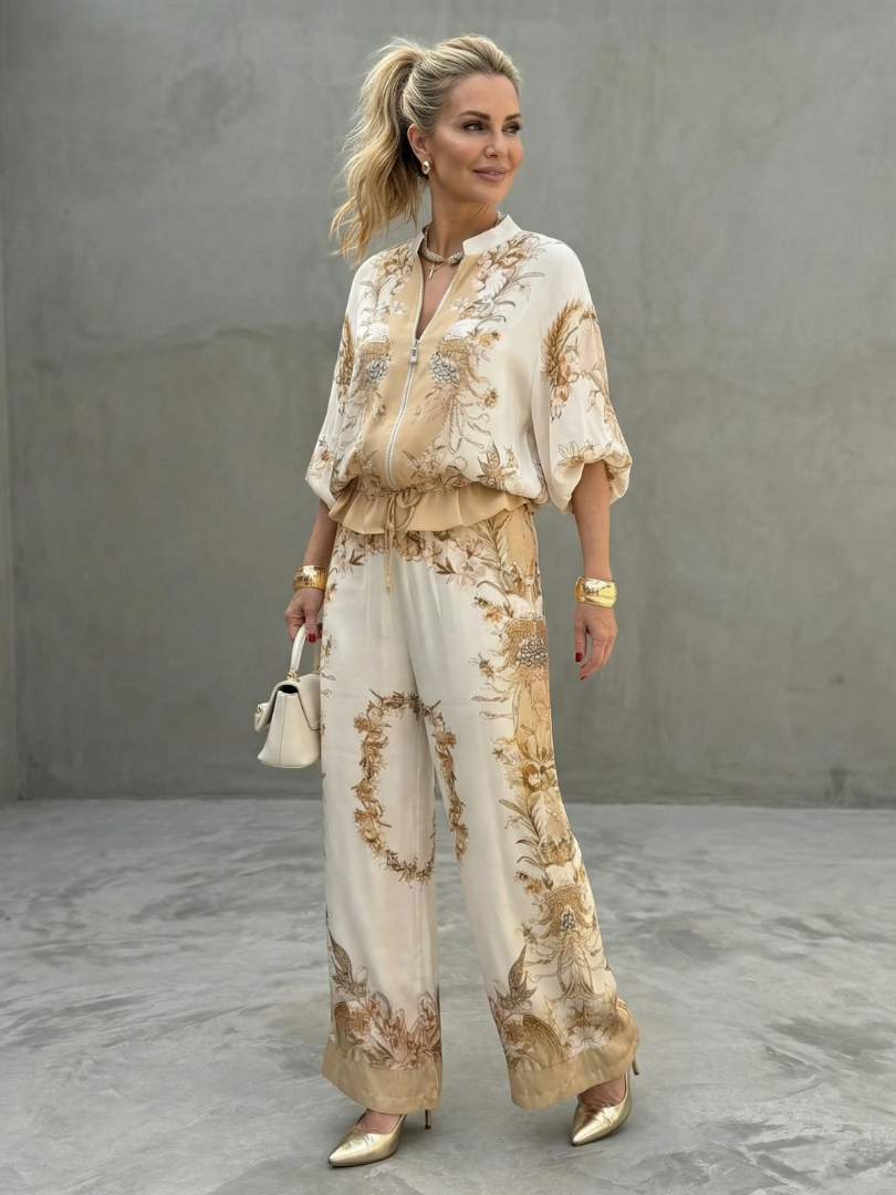 Women's Two Piece Set | Zip Front Blouson Short Sleeve Printed Polyester
