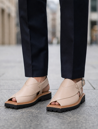 Ceret Rugged Leather Peshawari Sandals in Antique White