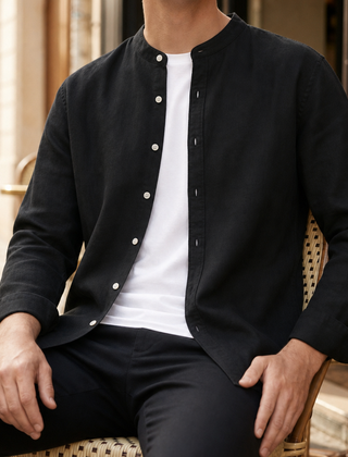 Sesimbra Linen Band Collar Shirt in Black