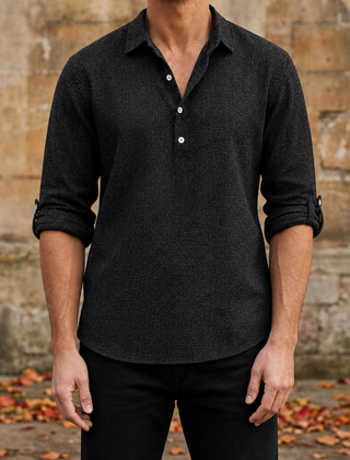 Vieste Linen Henley Shirt in Black