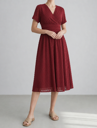 Peniscola Swiss Dot Wrap Midi Dress in Burgundy