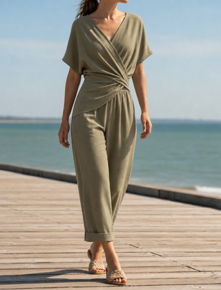 Vieste Wrap Front Jumpsuit in Khaki