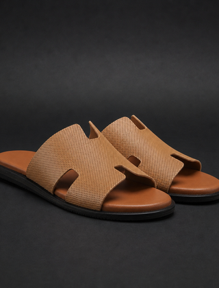 Treviso Perforated H-Strap Slides in Tan