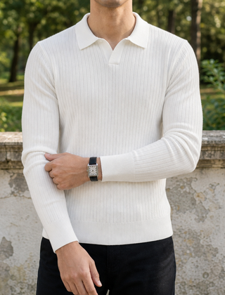 Caceres Ribbed Knit Polo in White