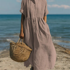 Women's White Dress | Maxi Shirt Collar Pintuck Button