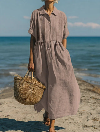 Women's White Dress | Maxi Shirt Collar Pintuck Button