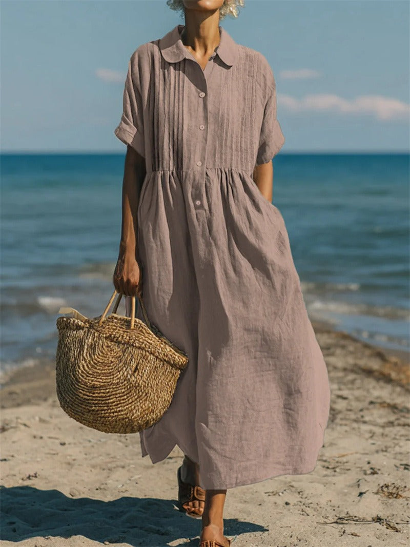 Women's White Dress | Maxi Shirt Collar Pintuck Button