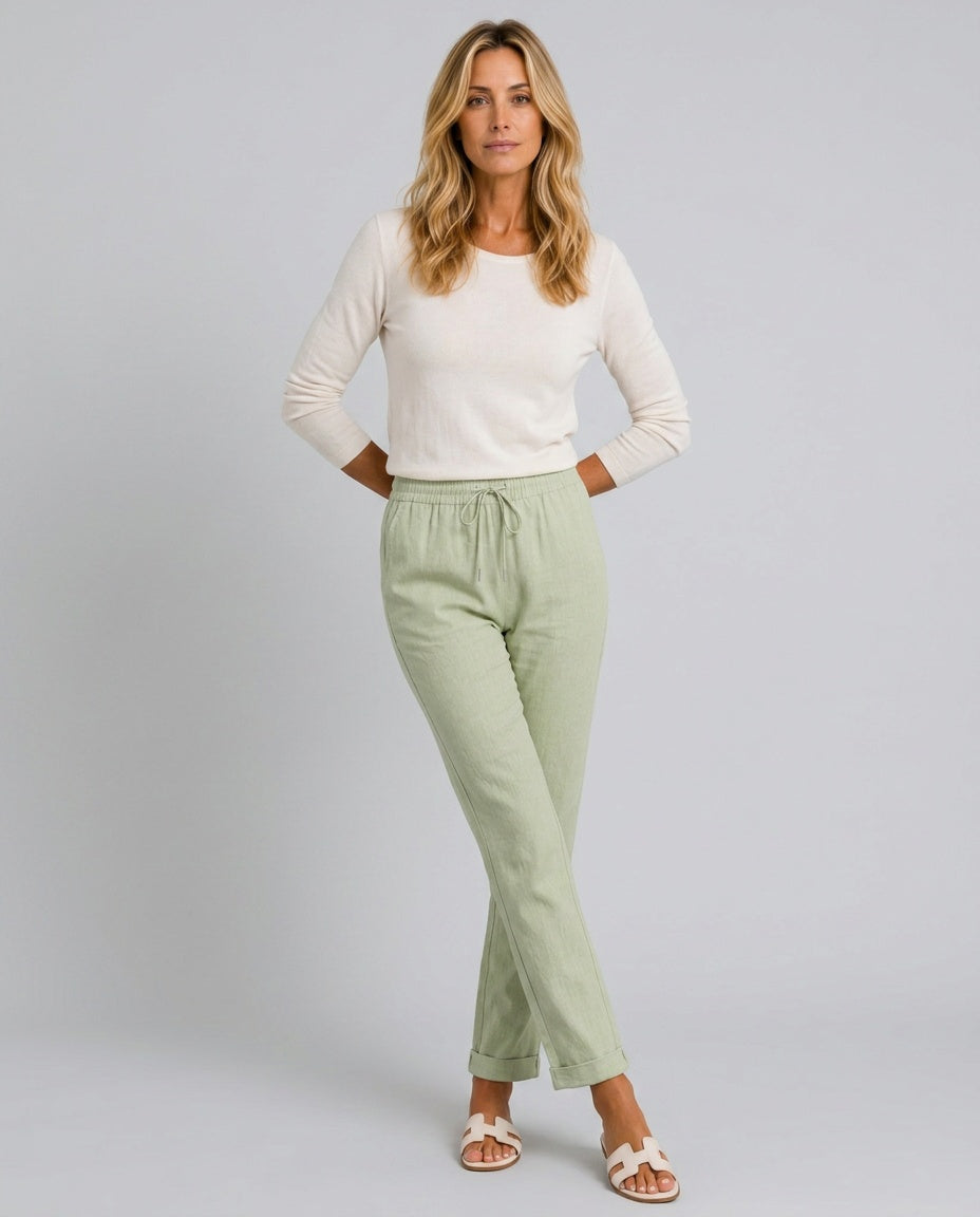 Women's Linen Pants | Relaxed Straight Leg Elastic Waist Rolled Hem
