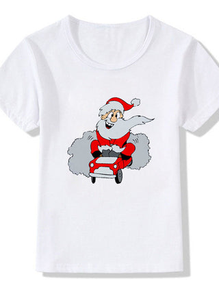 Women's White Shirt | Santa Print Short Sleeve Crew Neck