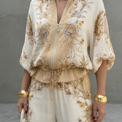 Women's Two Piece Set | Zip Front Blouson Short Sleeve Printed Polyester