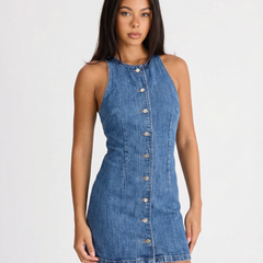 Women's Denim Dress | Mini Length Crew Neck Sleeveless Button-Front