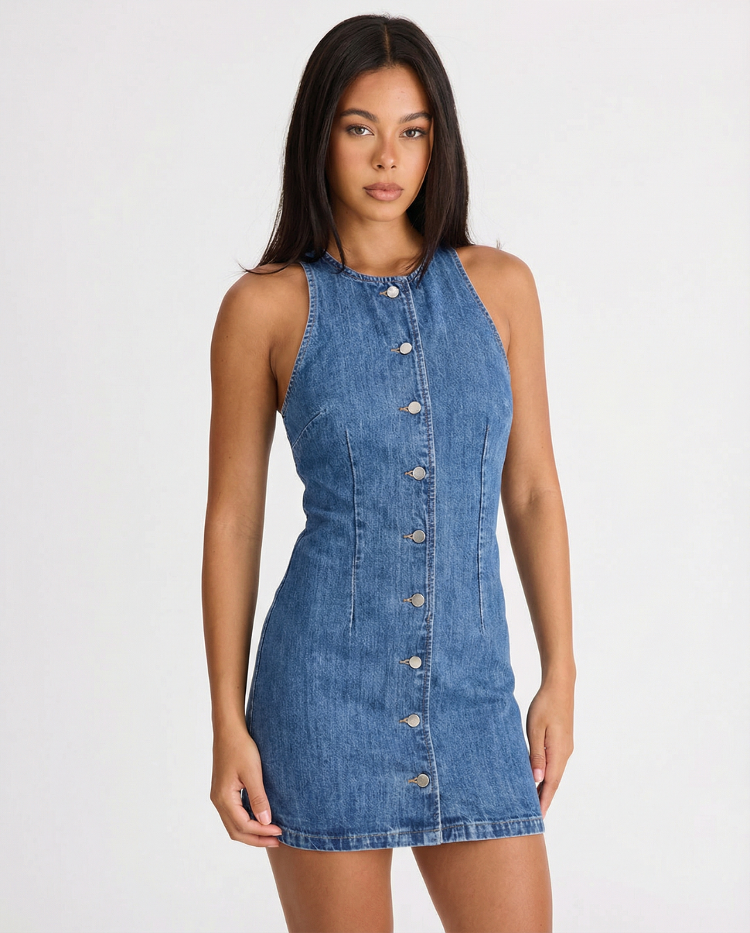 Women's Denim Dress | Mini Length Crew Neck Sleeveless Button-Front