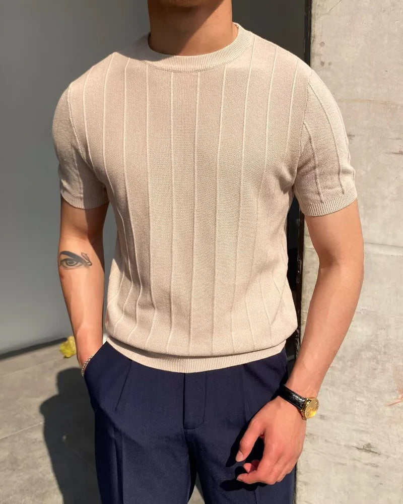 Men's Ribbed Knit Shirt | Crew Neck Short Sleeve Knit